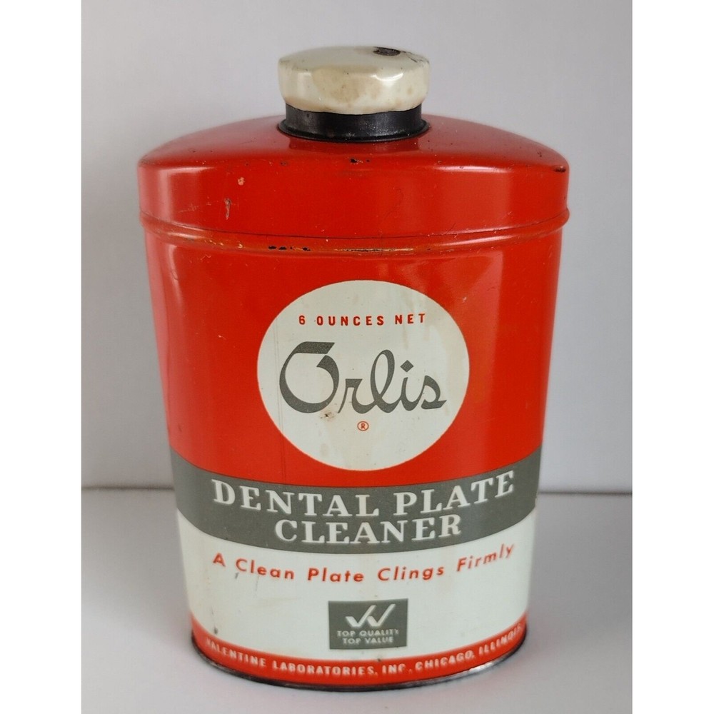 Vintage Orlis Orange Tin Can Full Denture Plate Cleaner for False Teeth